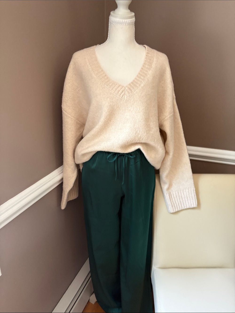 Cozy V-Neck Cream Knit Sweater & Emerald Pants Set